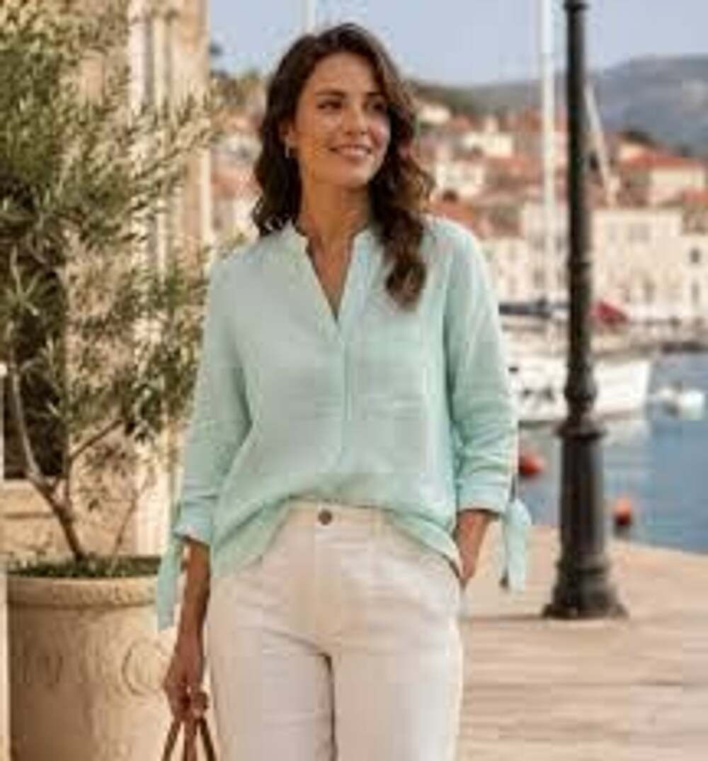 Coral Bay Long Sleeve Tie Front Shirt Size M Light Green Linen